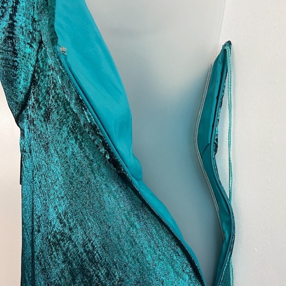 LIV FOSTER JADE Foil Chiffon Metallic Teal Halter Knotted Back Dress Size 2 NWT - Picture 9 of 16